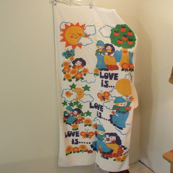 Vintage 1970s "Love is..." Beach Towel 54"x28" HAS WEAR - Picture 1 of 15